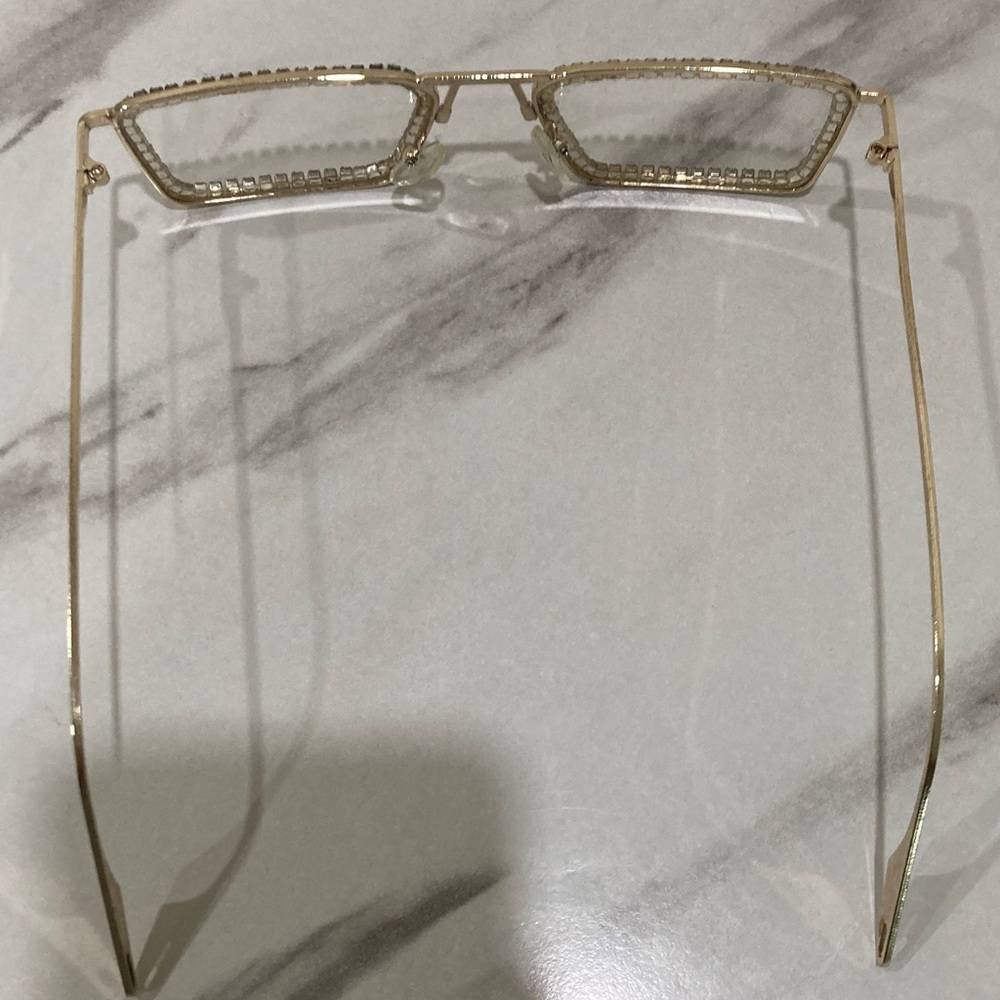 Gold Rhinestone Rectangle Frame Fashion Glasses - Picture 8 of 16